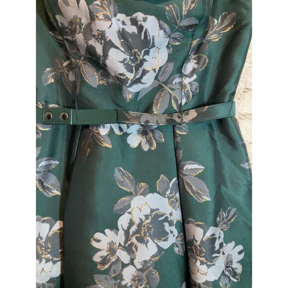 Eliza J Dress Womens 12 Petite‎ Forest Green Floral Gold Glitter Belted Party - Picture 6 of 16